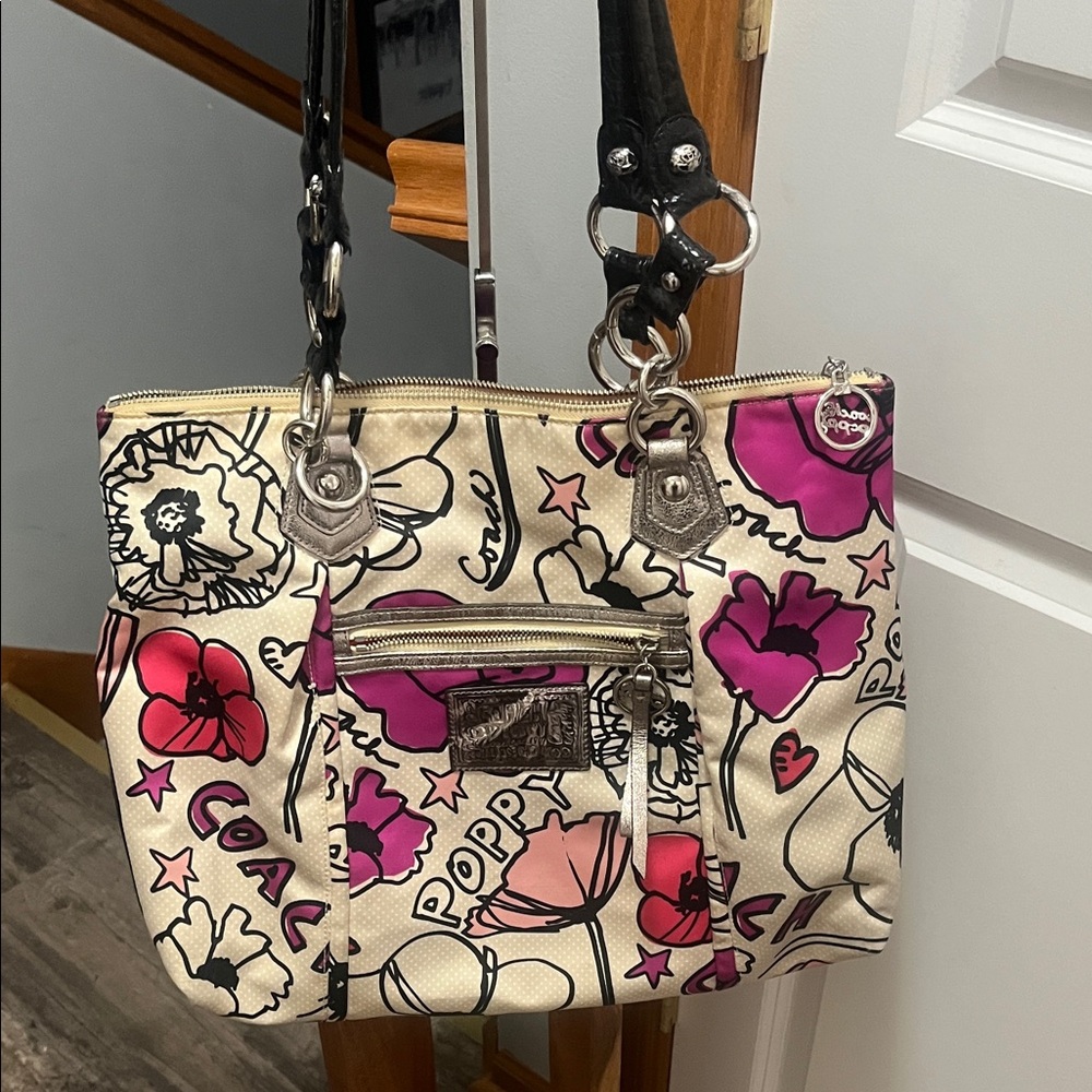Coach Poppy Floral Shoulder Bag - Pink and Black
